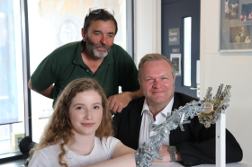 L to R, T to B Phil Bayliss sculptor, Florence Thompson, winning design student, Guy Perry MD of A Perry