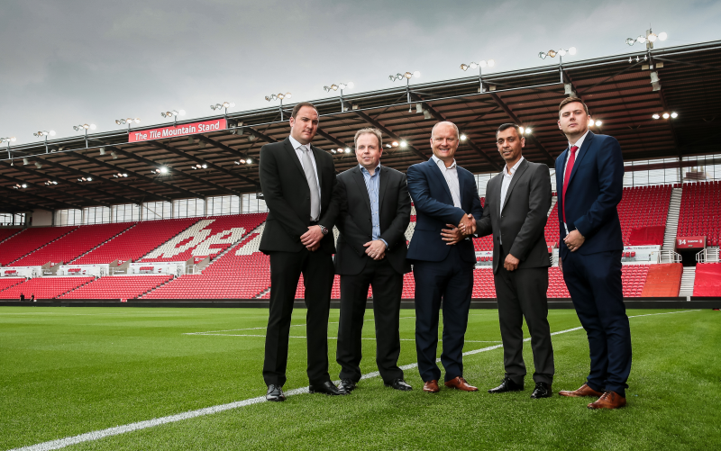 L-R: Tile Mountain brand manager Dean Quinn, Tile Mountain director Colin Hampson, Stoke City FC chief commercial officer Paul Lakin, Tile Mountain director Ansar Aziz, and Tile Mountain customer relations manager James Bacon