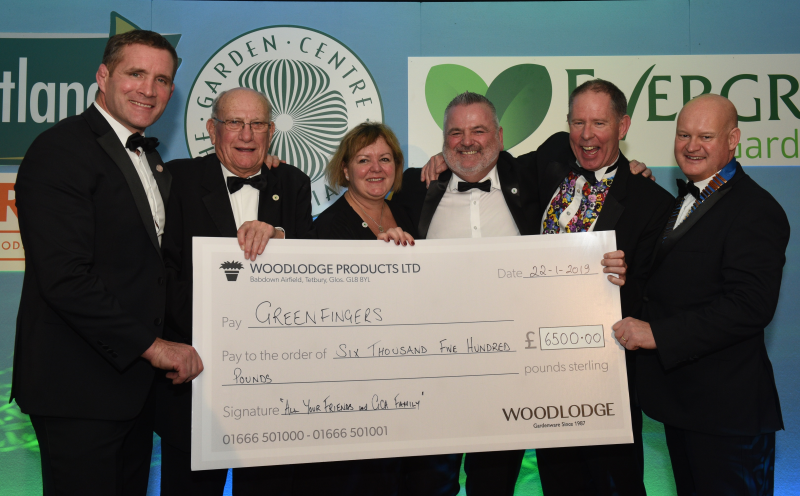 The competition raised £6,500 for Greenfingers. L-R: GCA Awards host Phil Vickery, Greenfingers chairman John Ashley, and director of fundraising Linda Petrons, Woodlodge xx, Barton Grange MD Guy Topping and GCA chairman Mike Lind