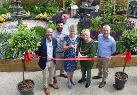 (L-R) Nick Burrows, Chief Executive, Notcutts; Marco de Jongh, Head of Visual Merchandising, Notcutts; Caroline Notcutt, Vice Chairman, Notcutts; Cllr Marion Ring, Mayor of Maidstone and Jonathan Kemp, General Manager at Notcutts Maidstone (Credit: Vervate, Copyright: Notcutts Garden Centres Ltd)