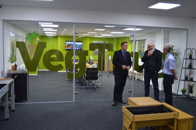L-R: Will Quince chats with Vegtrug CEO Joe Denham and MD Paul Owen at the new headquarters