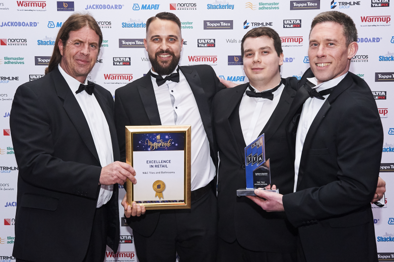 N&C Tiles & Bathrooms pick up the TTA Excellence in Retail Award. L-R: Bob Sewell, Patrick Jenner, Gavin Johnson, Gregori Banos