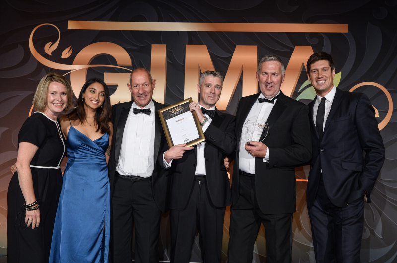 The GIMA Awards recognised 16 winners from the garden industry, including Best Consumer Product Packaging winner Vitax Plant Guard, presented by DIY Week assistant editor Kiran Grewal (second left)