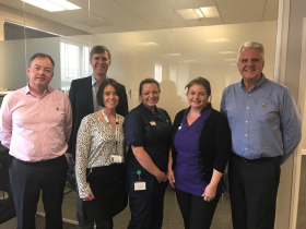 Alan Murray from Shurtape, Andrew House and Emma Carr of Frimley Health NHS Foundation Trust, Matron Siobhan Whittaker, Michele Martin and Colin Gadd. 