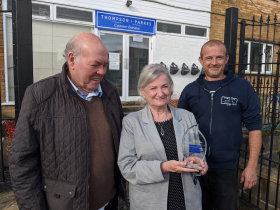 Image details L to R: Delighted to be confirmed ‘Best Builders Merchant & DIY Supplier in the Midlands’ Thompson & Parkes Directors, Gary Wells, Jean Morris and General Manager Gary Watts