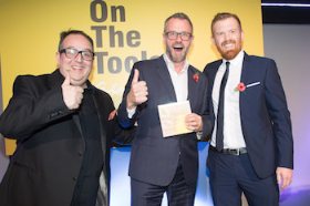 Actor/comedian Justin Moorhouse with Martin Brown of Axminster Tools and Tony Munro of awards sponsor Jewson