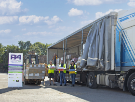 Piotr, Beth and Mark from P&A Group’s Supply Chain Division with the articulated lorry filled with donations of humanitarian aid from partners and local businesses, heading for the Poland/Ukrainian border.