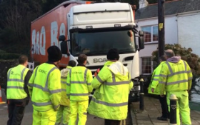 The lorry caused traffic chaos when it became stuck in the narrow lanes of a Cornish village. Photo courtesy of the Plymouth Herald.